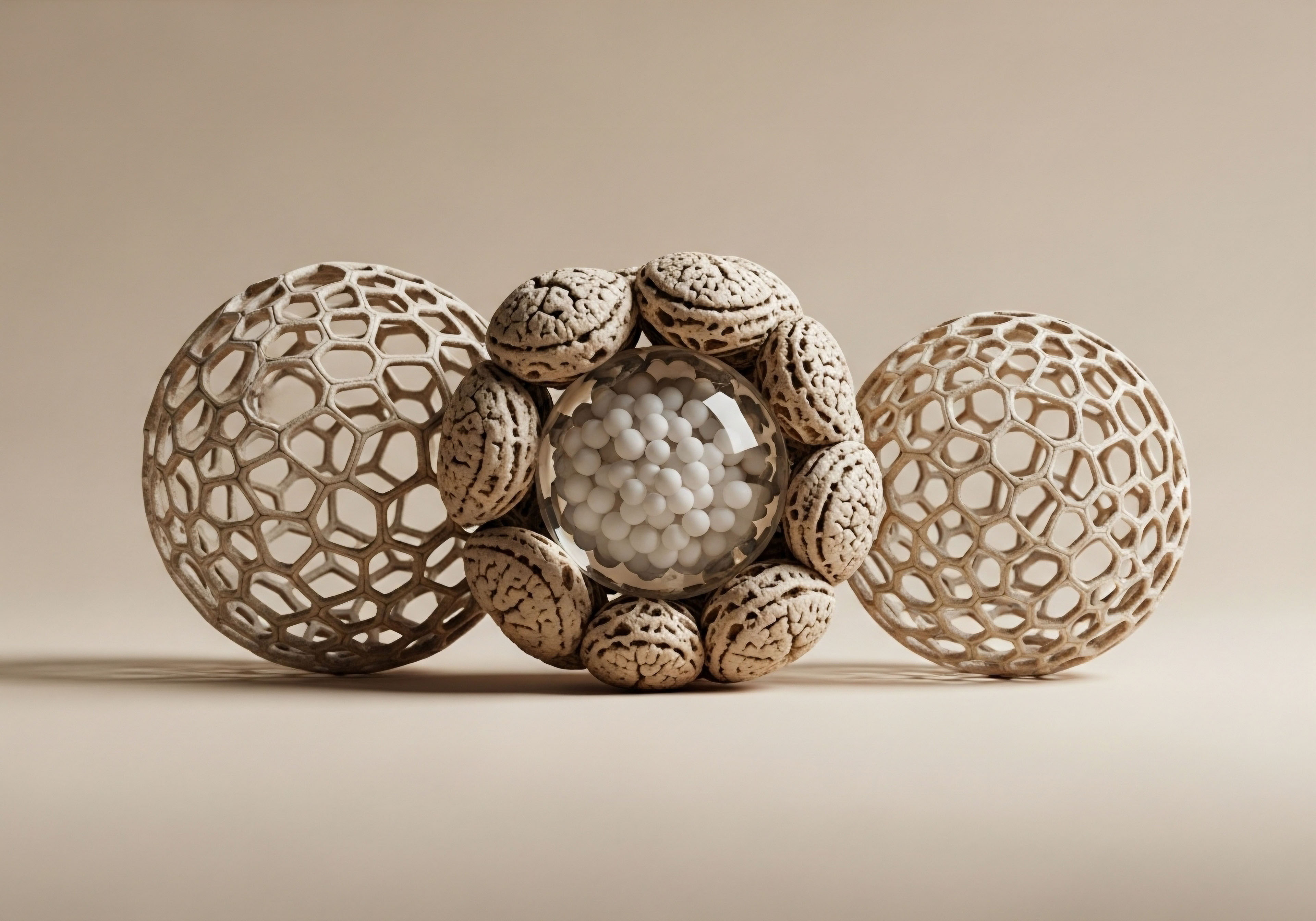 Three abstract spherical forms. Outer lattice spheres suggest endocrine system vulnerability to hormonal imbalance