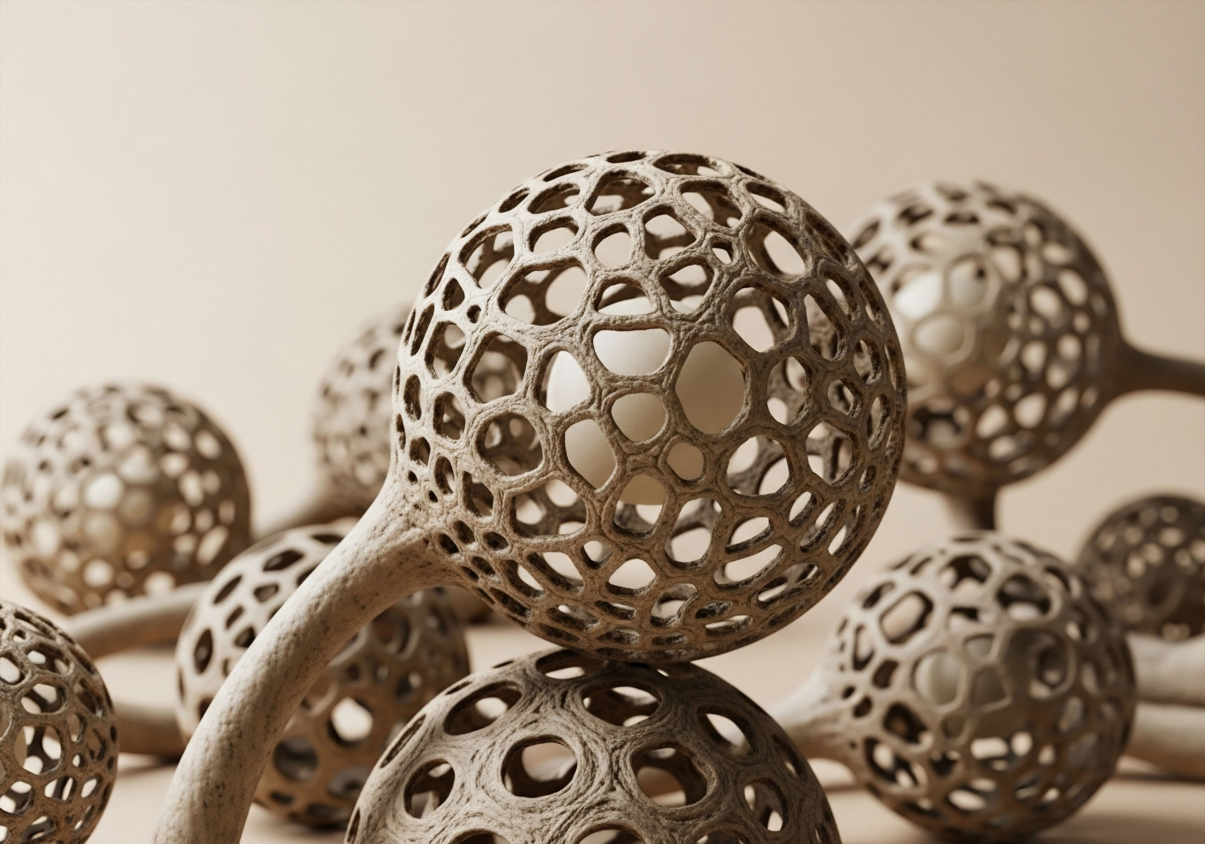 Porous biomimetic spheres, some with smooth inner cores, symbolize foundational cellular health and biochemical balance. These structures suggest precision Hormone Replacement Therapy, optimizing metabolic health and supporting regenerative medicine protocols for comprehensive clinical wellness, representing targeted bioidentical hormone delivery