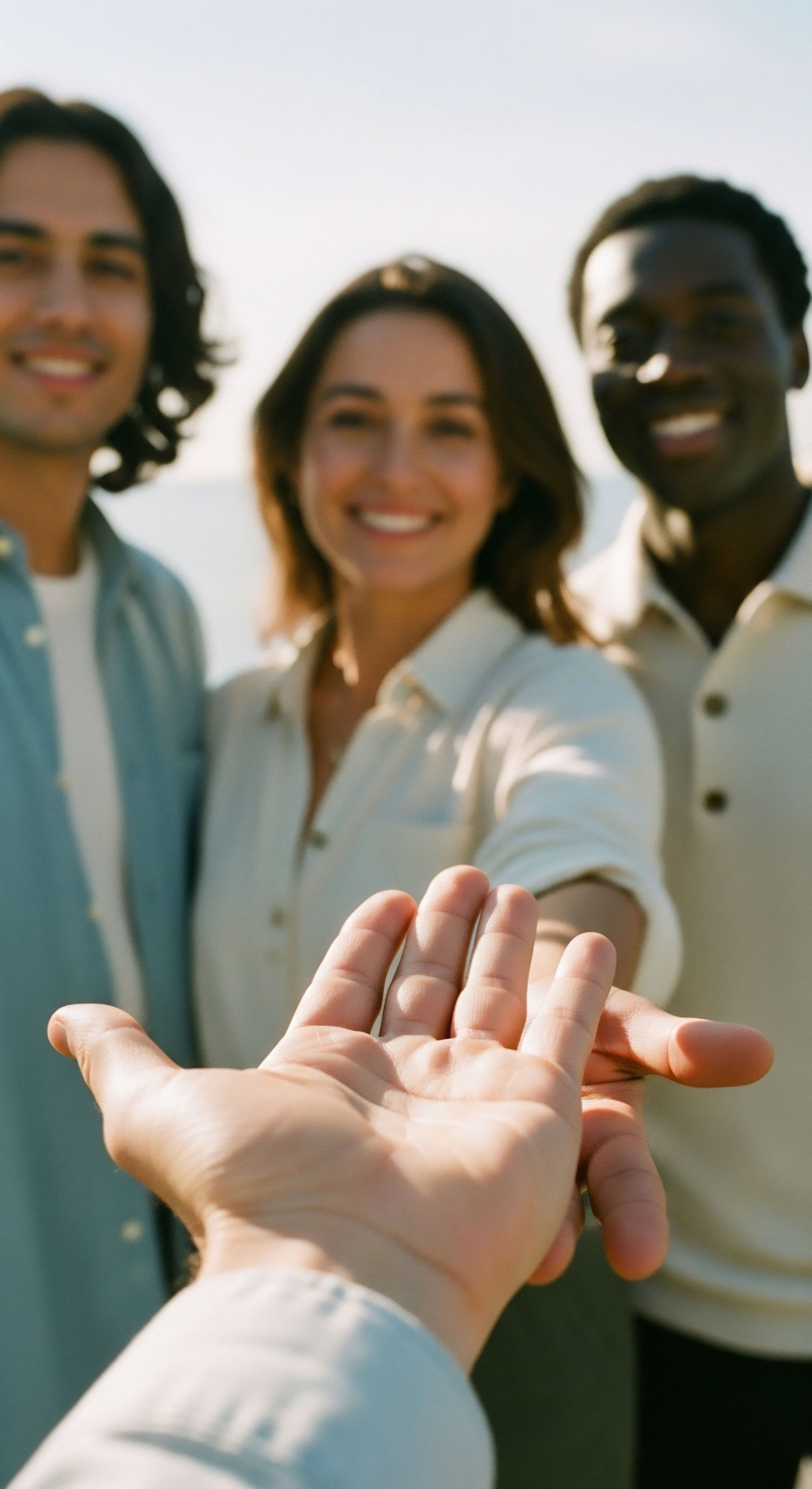 An outstretched hand engages three smiling individuals, representing a supportive patient consultation. This signifies the transformative wellness journey, empowering hormone optimization, metabolic health, cellular function, and restorative health through clinical protocols