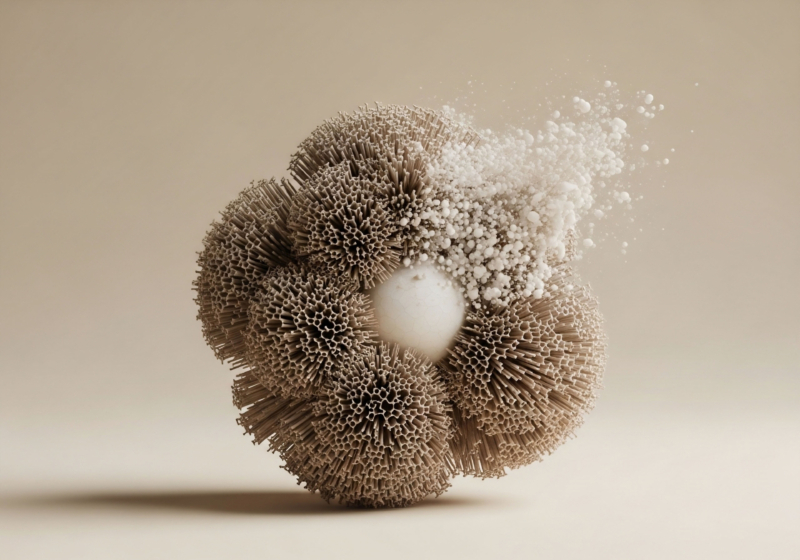 A complex spherical structure of tubular elements with a central core. Dispersing white particles represent the precise cellular impact of bioidentical hormone replacement therapy BHRT. This illustrates hormone optimization via peptide protocols, fostering cellular regeneration, metabolic health, and endocrine homeostasis.