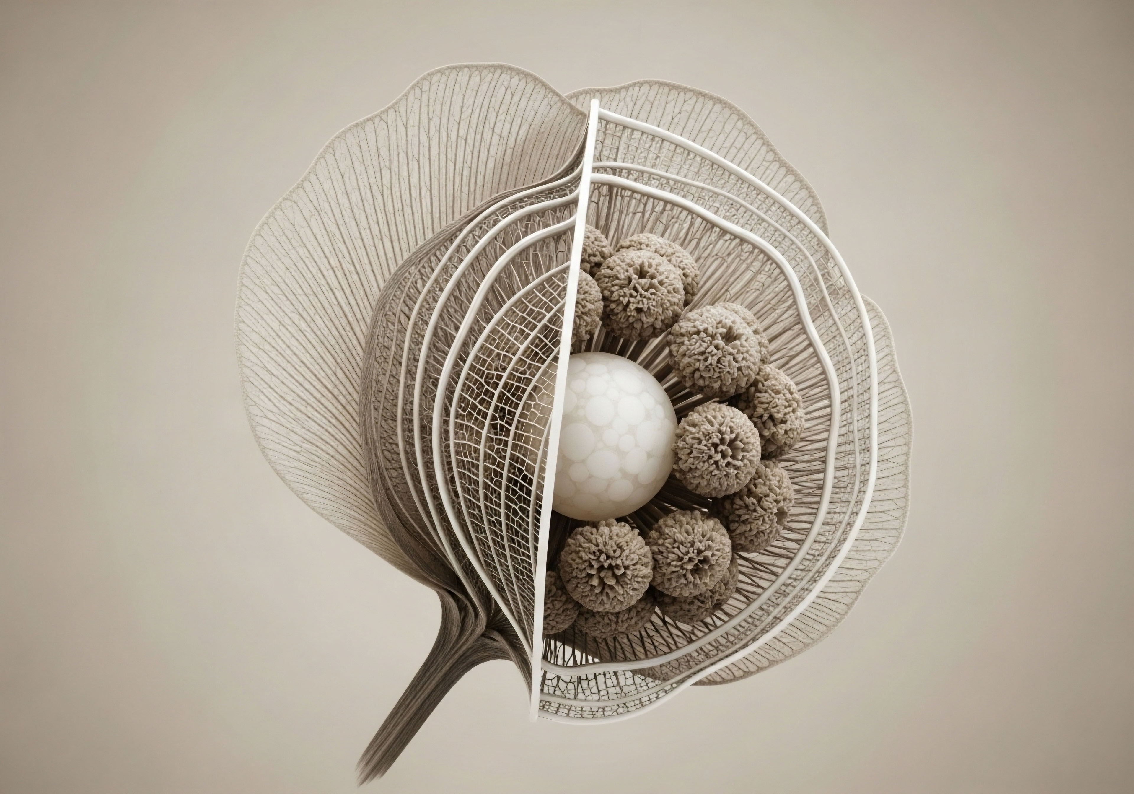 Visualizing the intricate endocrine system, a delicate layered structure reveals a luminous central sphere representing optimal hormone balance. Surrounding granular elements depict complex cellular interactions and the multifaceted benefits of Testosterone Replacement Therapy or Estrogen Replacement Therapy