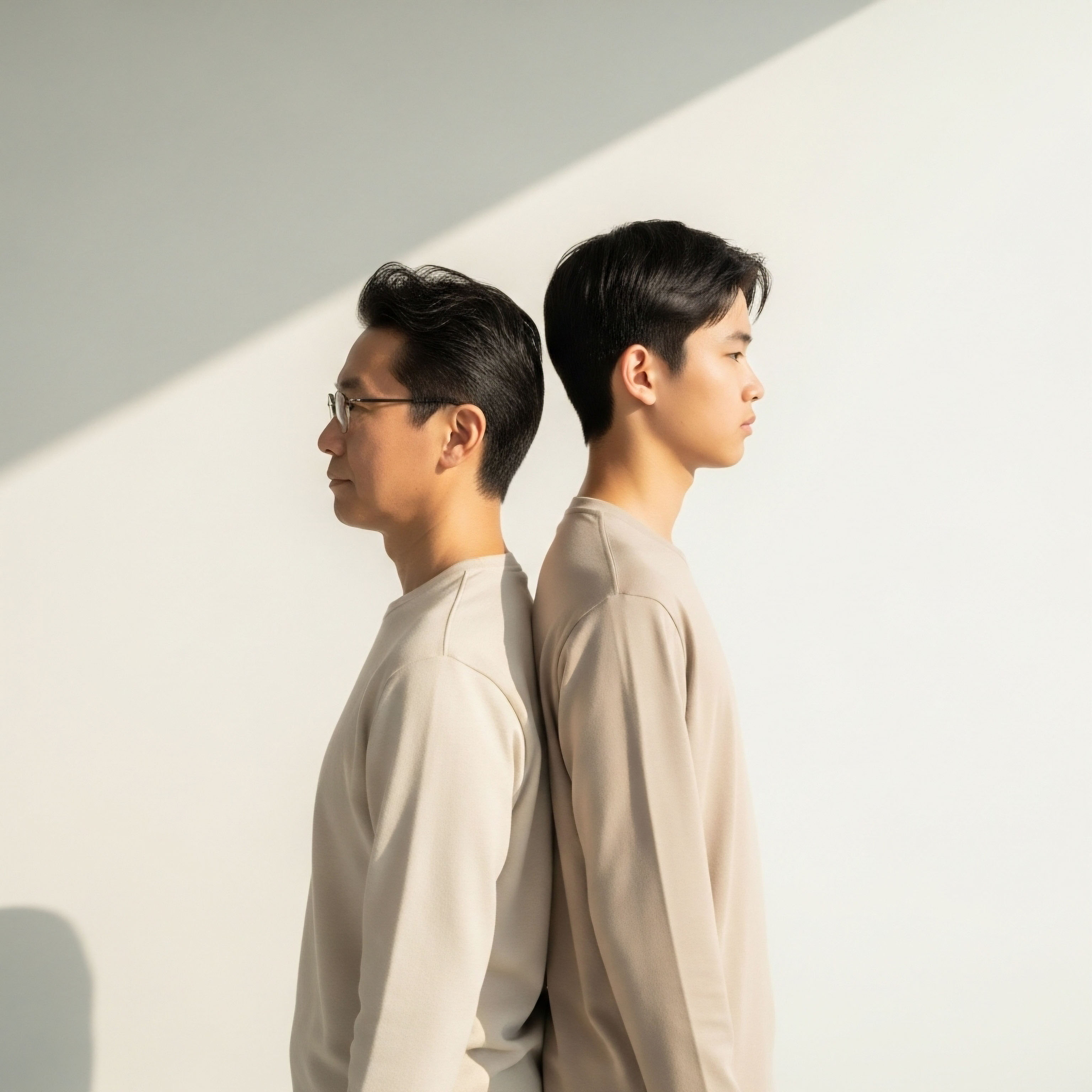Two men, back-to-back, symbolize intergenerational health and hormone optimization. This reflects TRT protocol for endocrine balance, supporting metabolic health, cellular function, longevity protocols, precision medicine, and patient consultation
