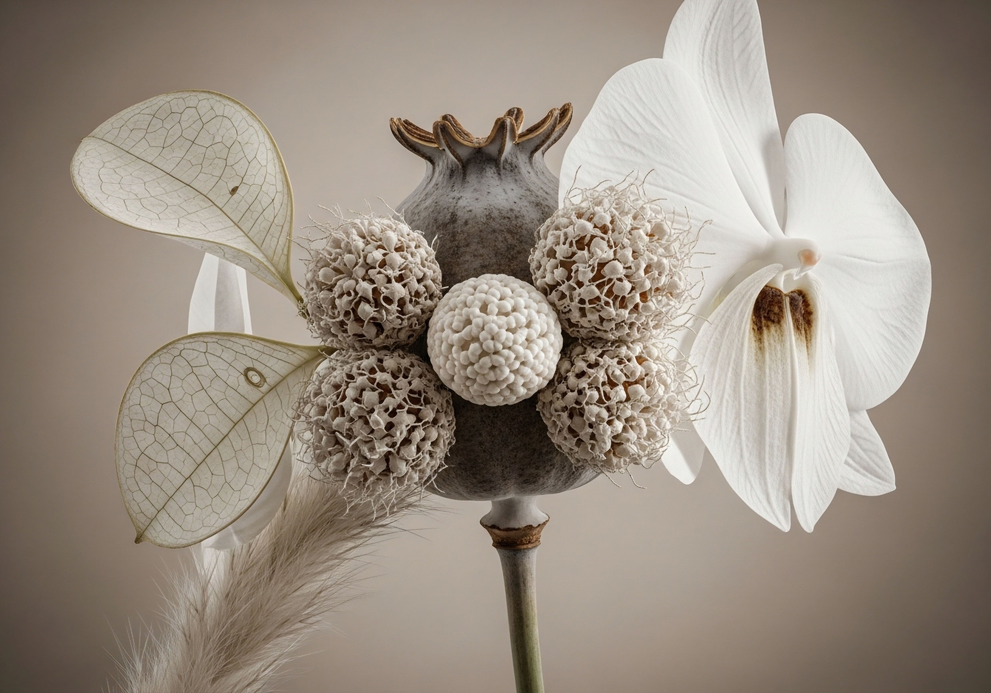 A meticulously arranged still life featuring a dried poppy pod, symbolizing foundational endocrine system structures. Surrounding it are intricate spherical elements, representing peptide protocols and precise hormone optimization