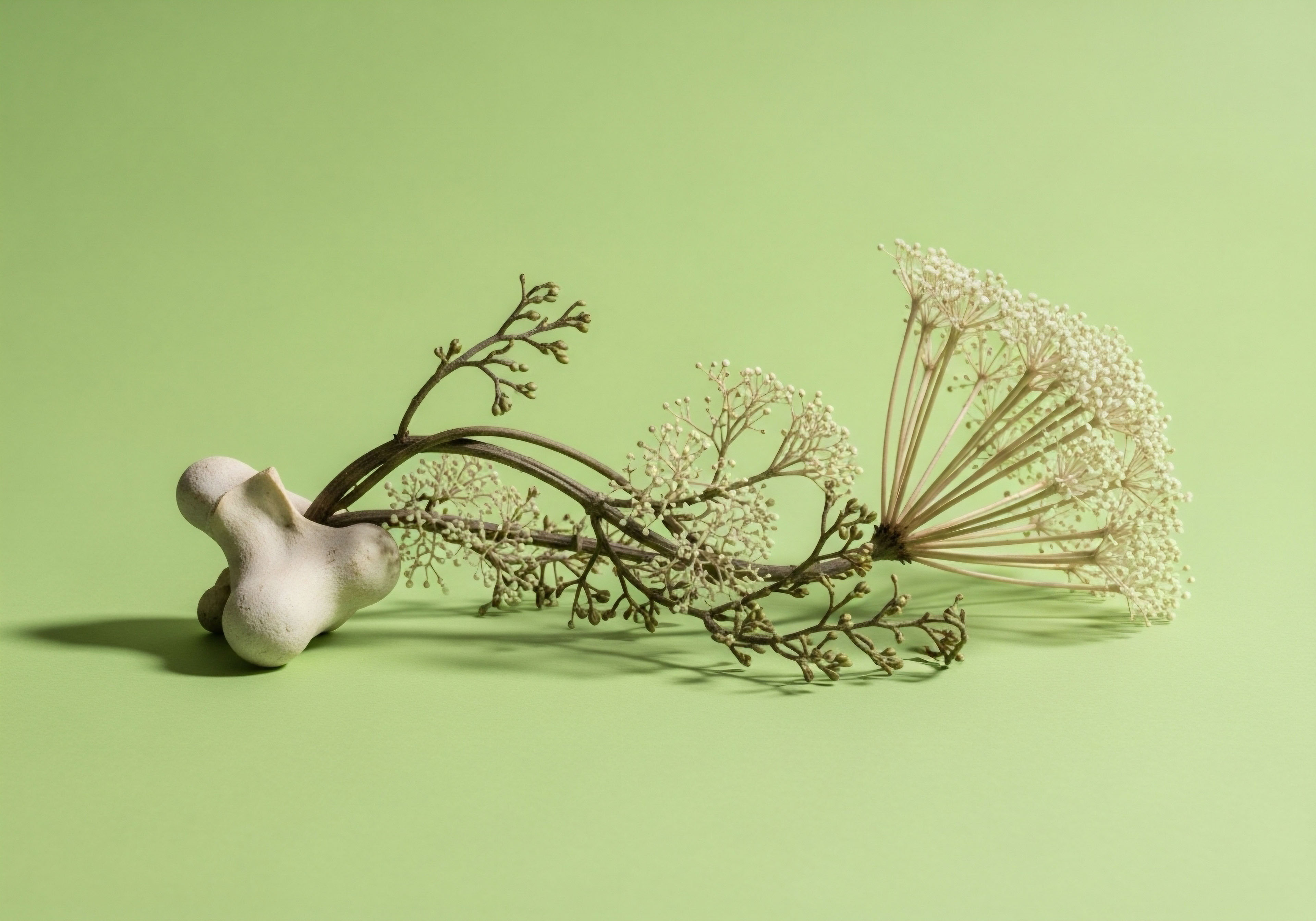 A smooth, light bone-like object on a light-green surface, integrated with dried branches and an umbellifer flower. This visual symbolizes the intricate endocrine system, highlighting bone health and cellular health crucial for hormone optimization