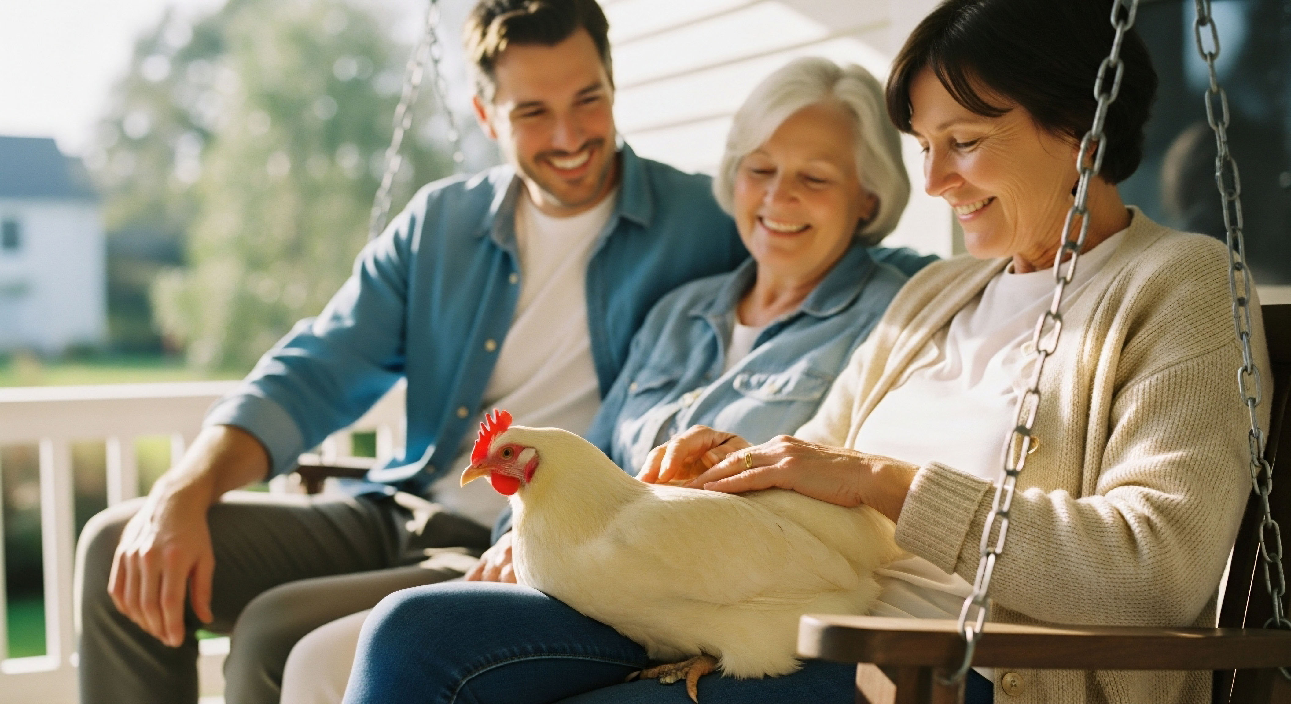 Smiling individuals embody well-being and quality of life achieved through hormone optimization. A calm chicken signifies stress reduction and emotional balance, key benefits of personalized wellness enhancing cellular function, patient vitality, and overall functional medicine outcomes