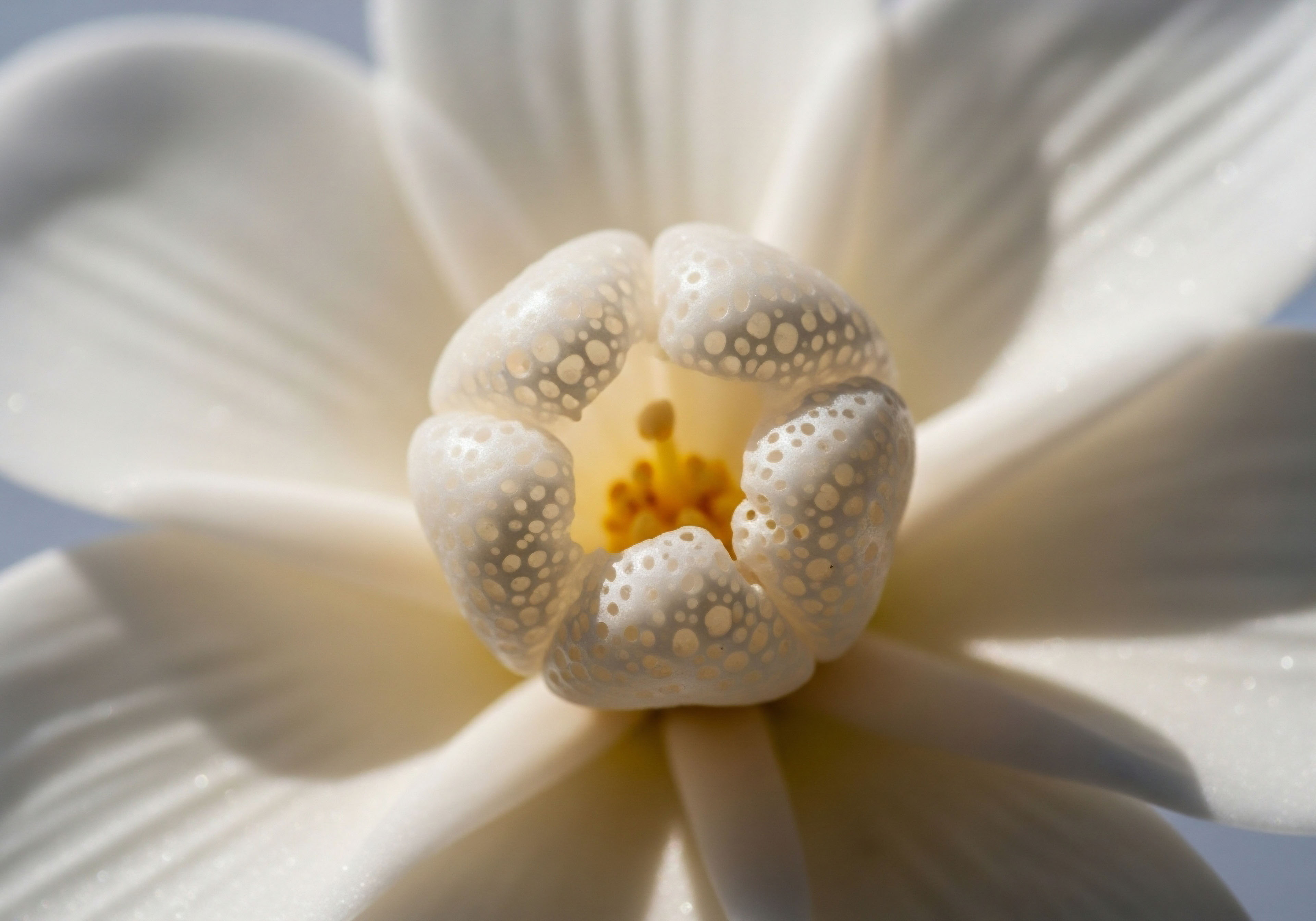 The white flower's intricate core, with its delicate, perforated structures and central vibrancy, symbolizes Hormonal Homeostasis and the complex Endocrine System. This visual embodies Cellular Regeneration, vital for Metabolic Health and Reclaimed Vitality, reflecting Precision Endocrinology in Bioidentical Hormone Therapy and Growth Hormone Optimization