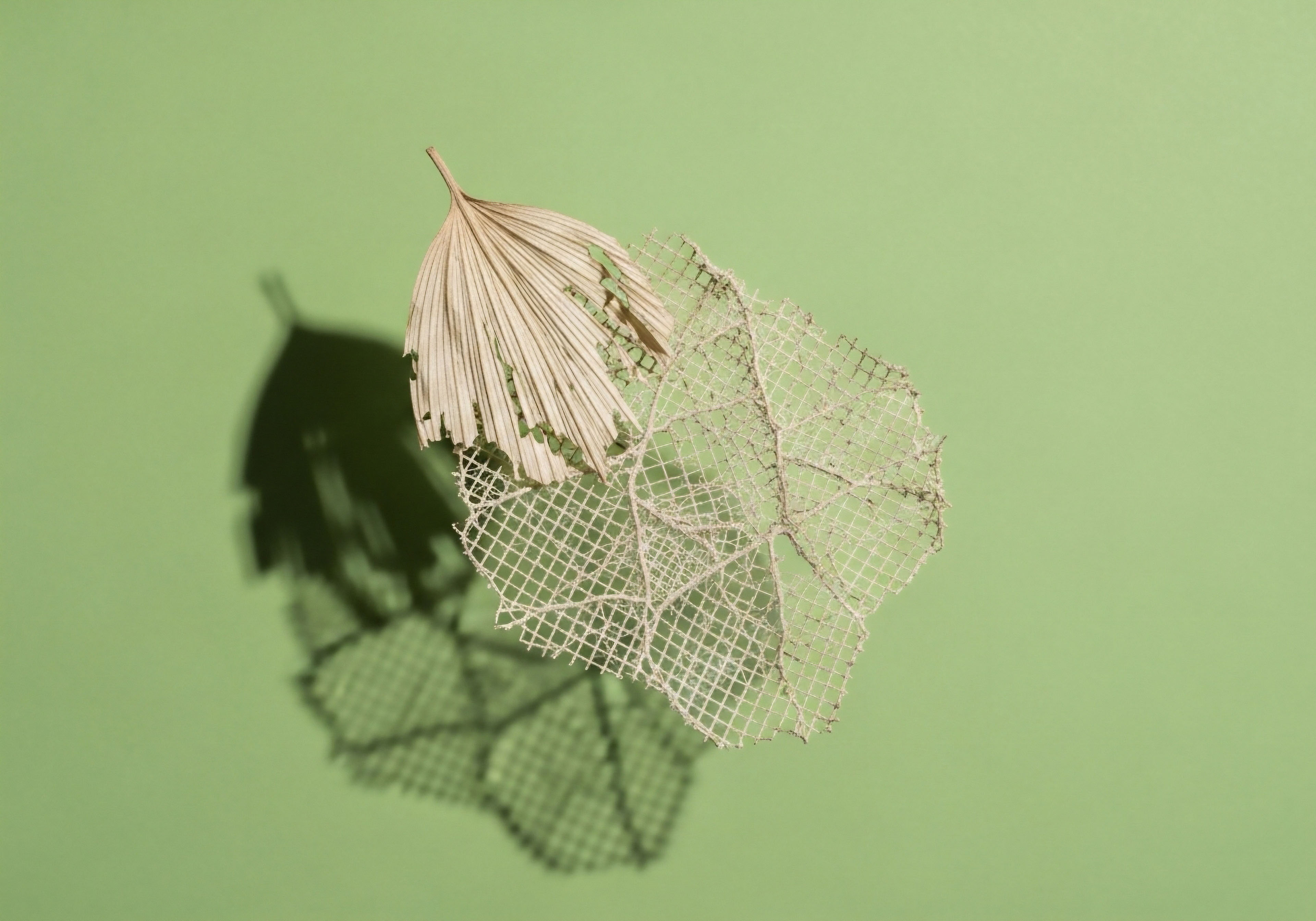 A delicate, skeletal leaf reveals its intricate vein structure against a green backdrop, casting a soft shadow. This symbolizes hormonal imbalance and endocrine system fragility from age-related decline, compromising cellular integrity