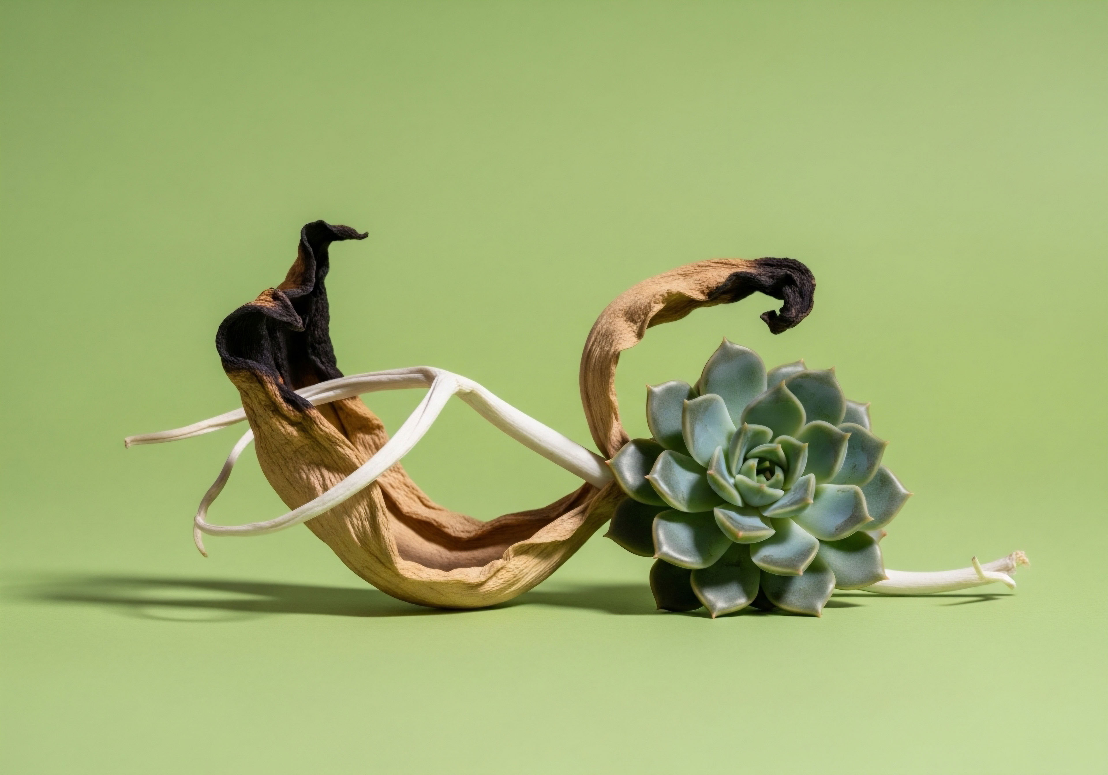 A dried plant form depicts hormonal decline or hypogonadism, contrasted with a vibrant succulent symbolizing reclaimed vitality via hormone optimization. White tendrils represent clinical protocols and bioidentical hormone replacement therapy guiding endocrine system restoration, crucial for andropause and menopause management