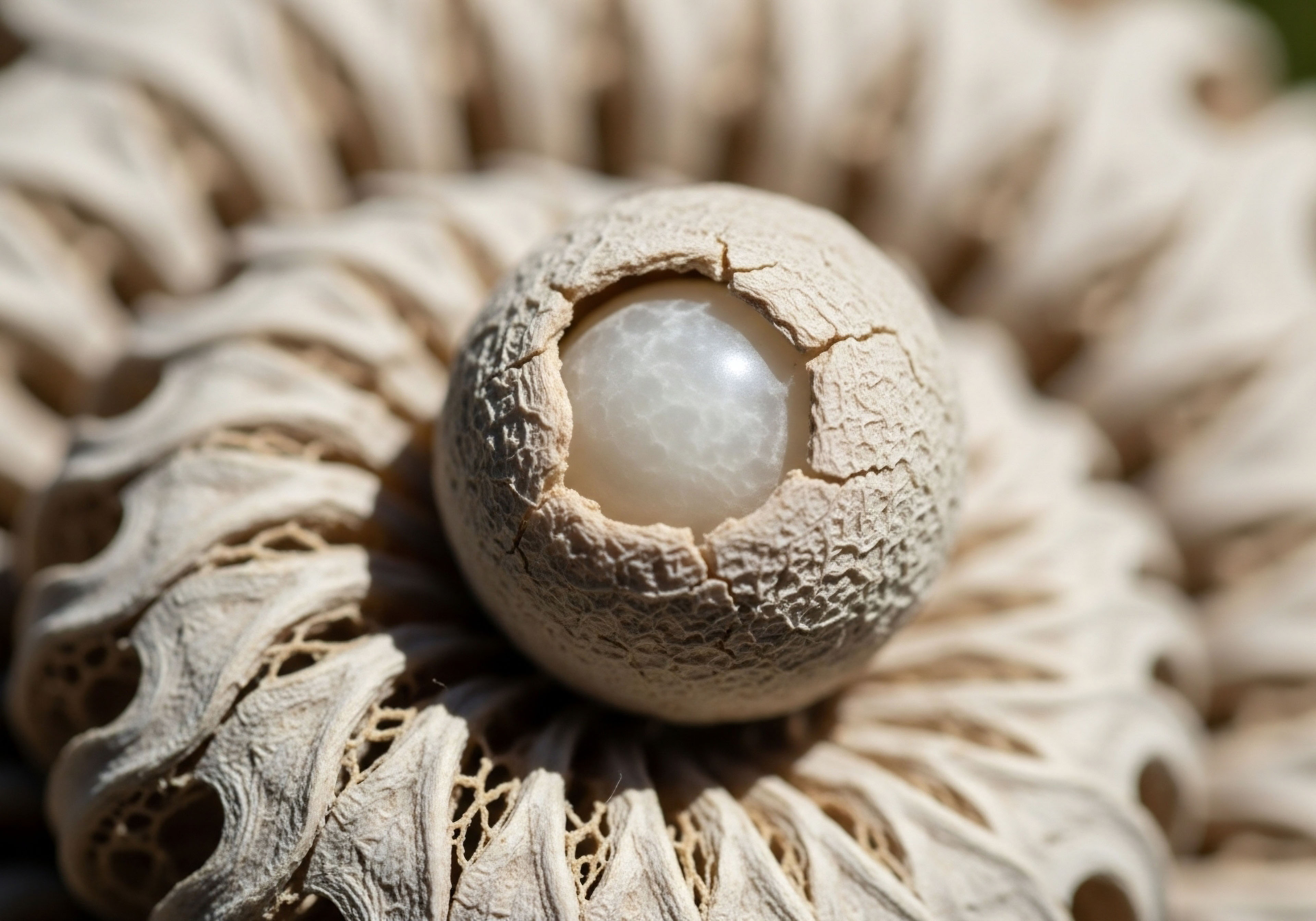 A spherical object with a cracked exterior reveals a smooth, translucent core, resting on intricate structures. This represents overcoming hormonal imbalance and cellular degradation