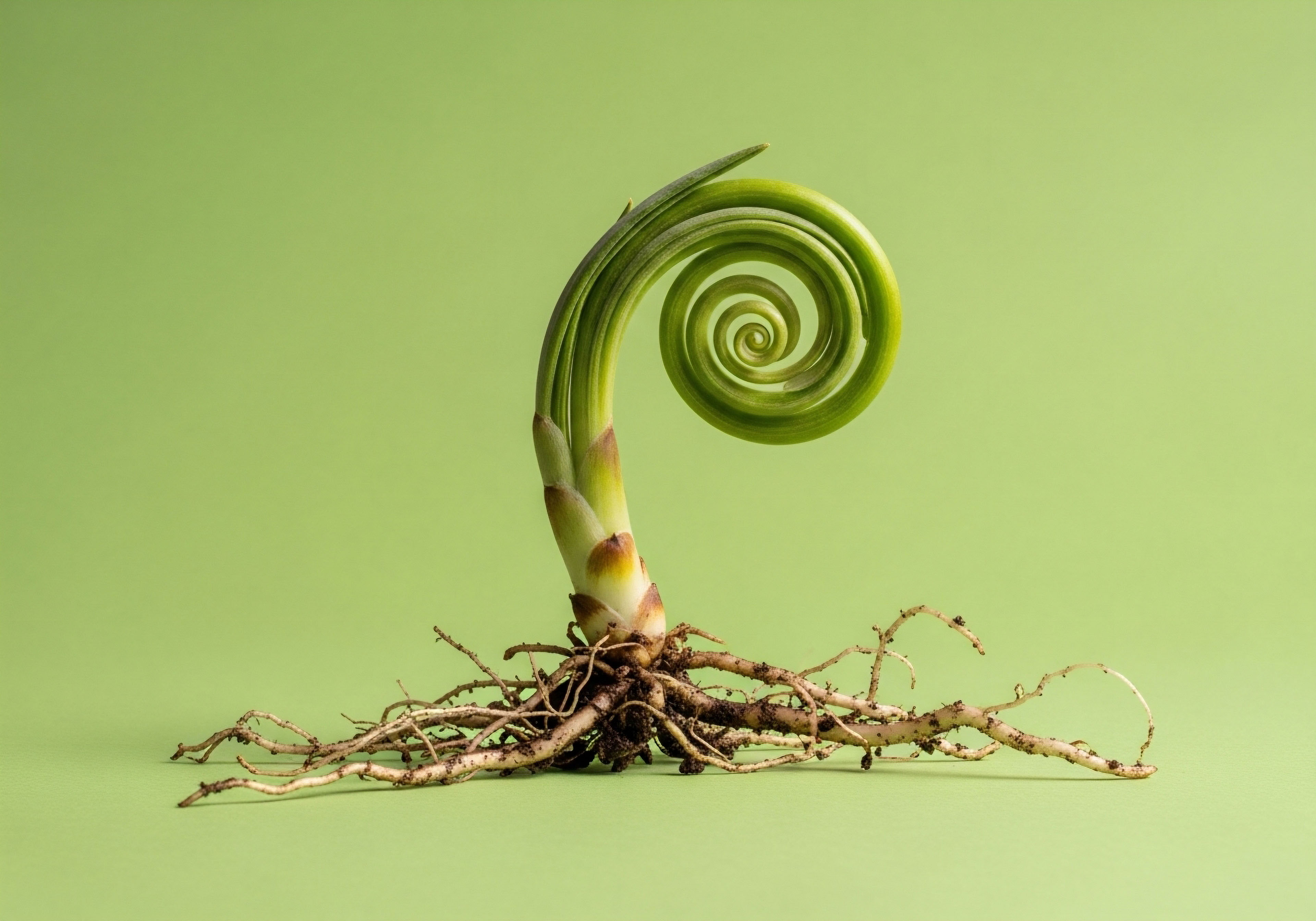 A vibrant green plant with an elegant spiraling stem and complex root system. This symbolizes the patient journey in Hormone Replacement Therapy HRT