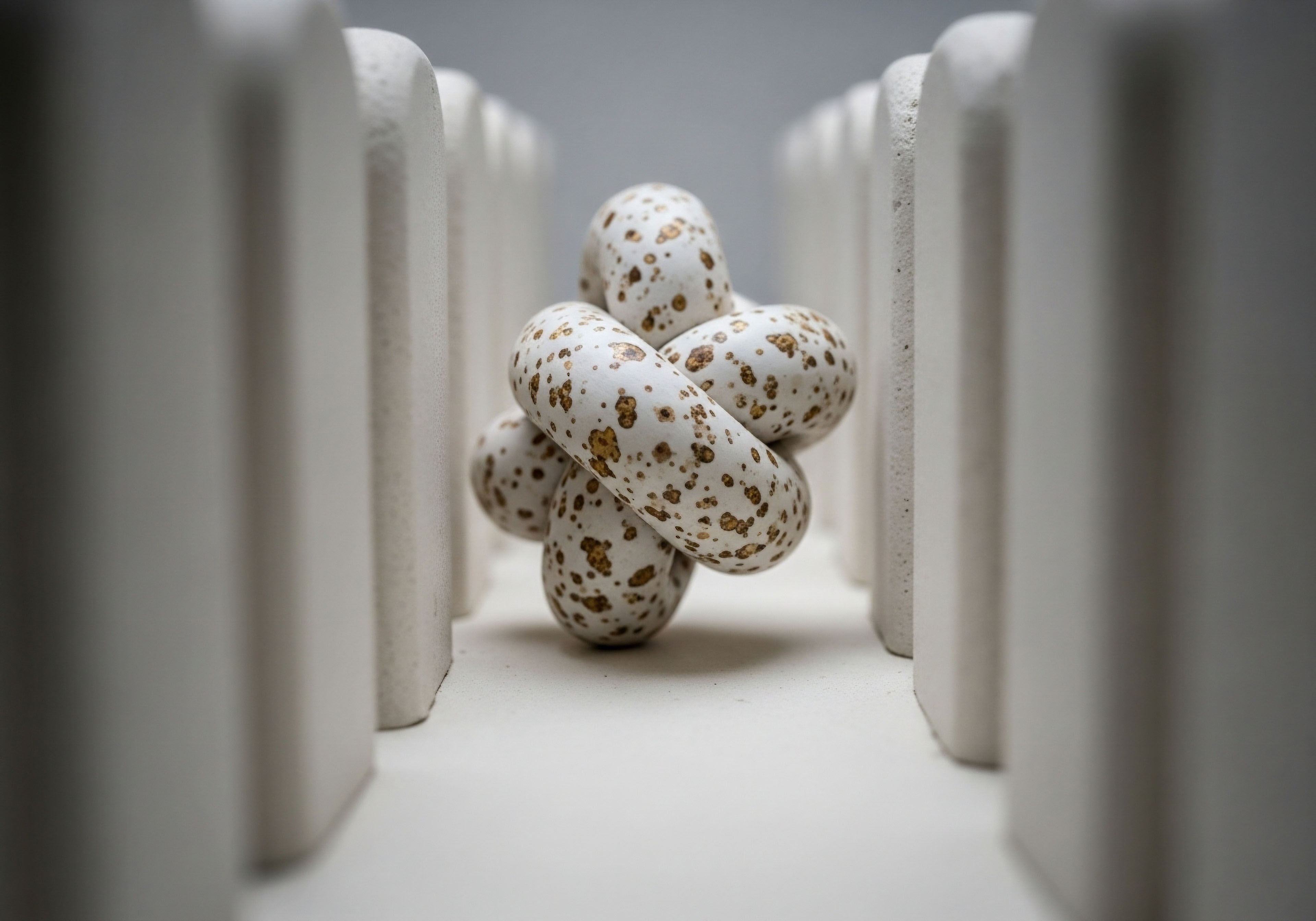 Five speckled ovoid forms, resembling bioidentical hormone compounds, are intricately intertwined, symbolizing precise hormonal balance and complex endocrine system regulation. They rest within a structured pathway of white blocks, representing advanced clinical protocols for metabolic optimization, patient vitality, and healthy aging