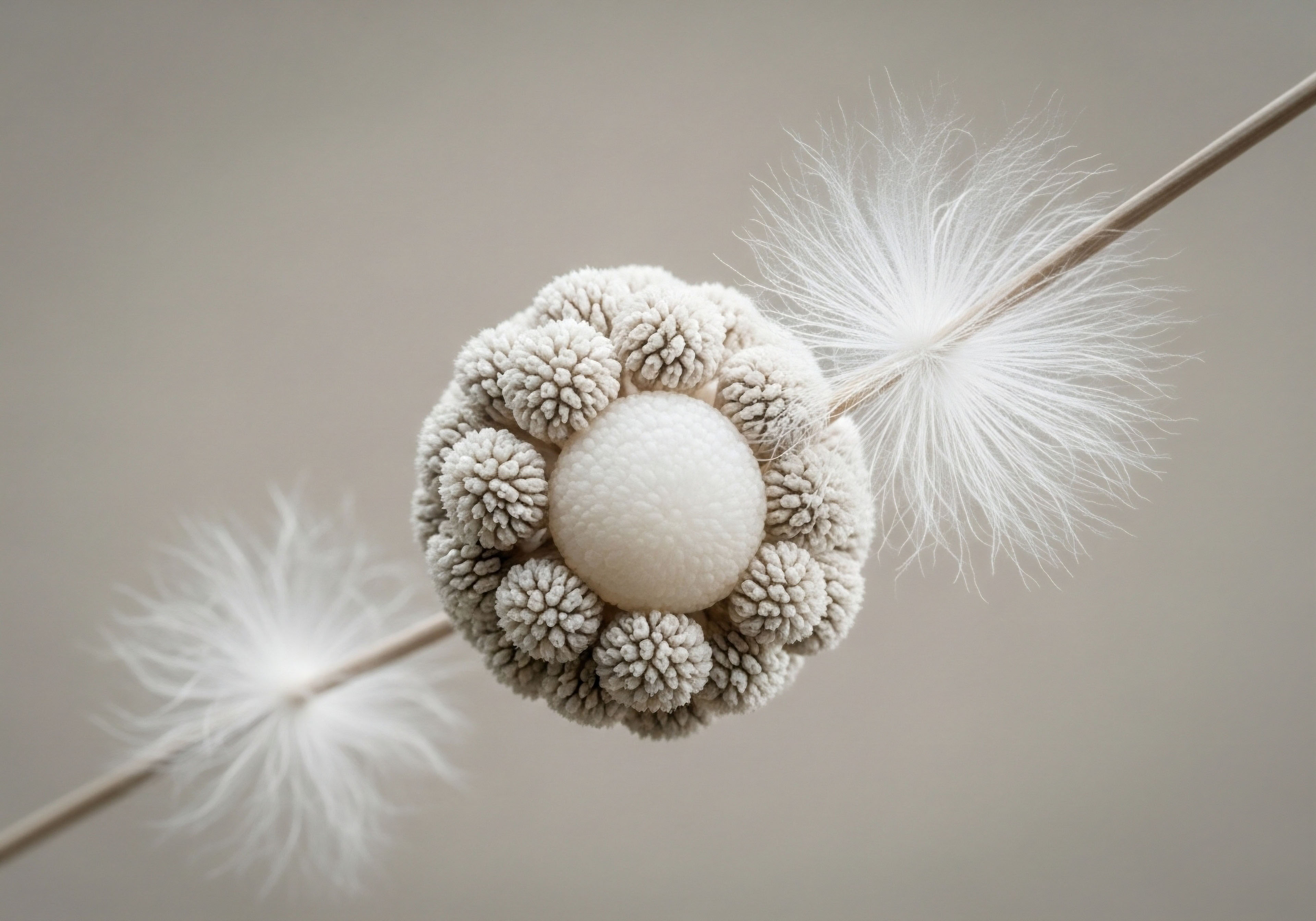 A central sphere with textured elements symbolizes hormone receptor binding and cellular health. A precise rod signifies targeted Hormone Replacement Therapy delivery