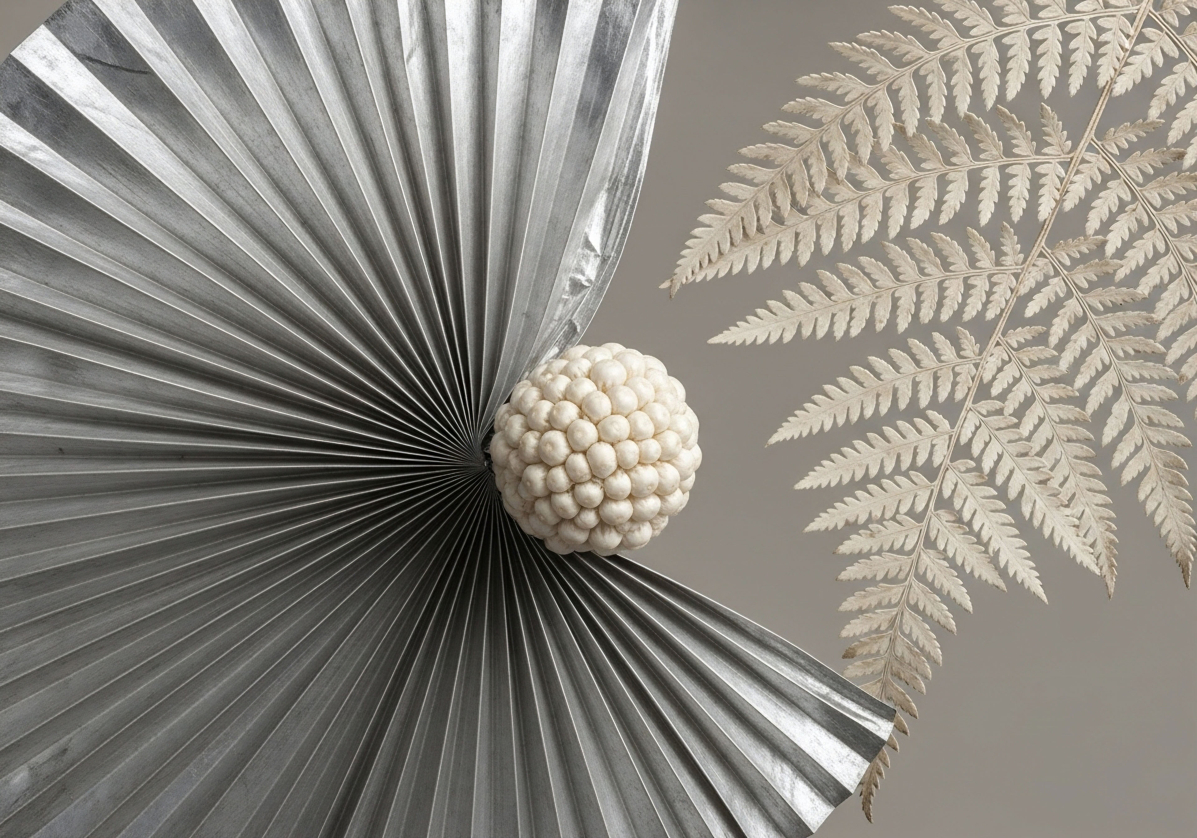 Silver pleats and a sphere represent cellular function and peptide therapy. Pale fronds symbolize metabolic balance, supporting endocrine system health for hormone optimization and the patient's clinical wellness journey