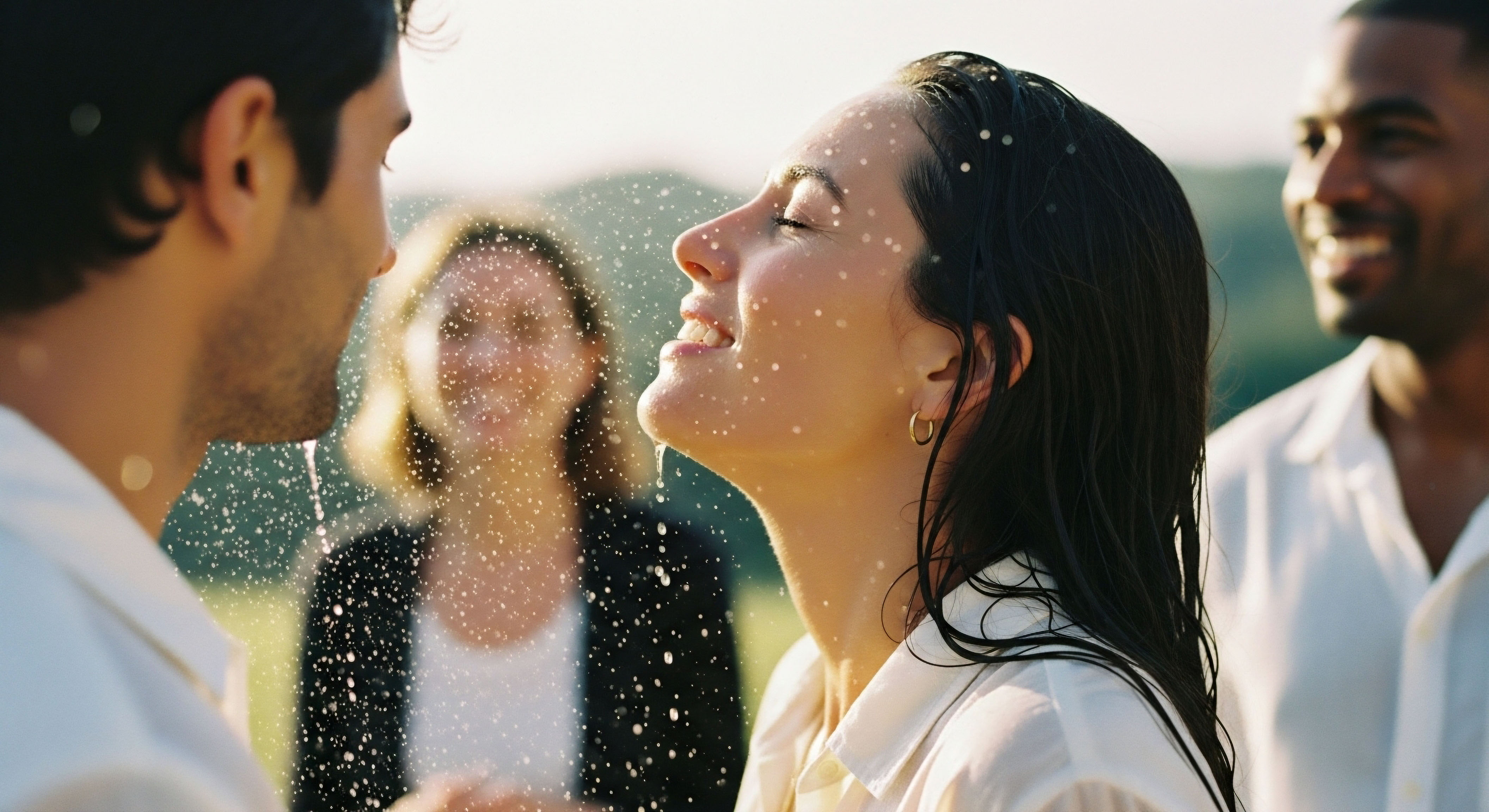 A patient’s face bathed in water signifies cellular function and optimal hydration. Her joy reflects endocrine balance and metabolic health