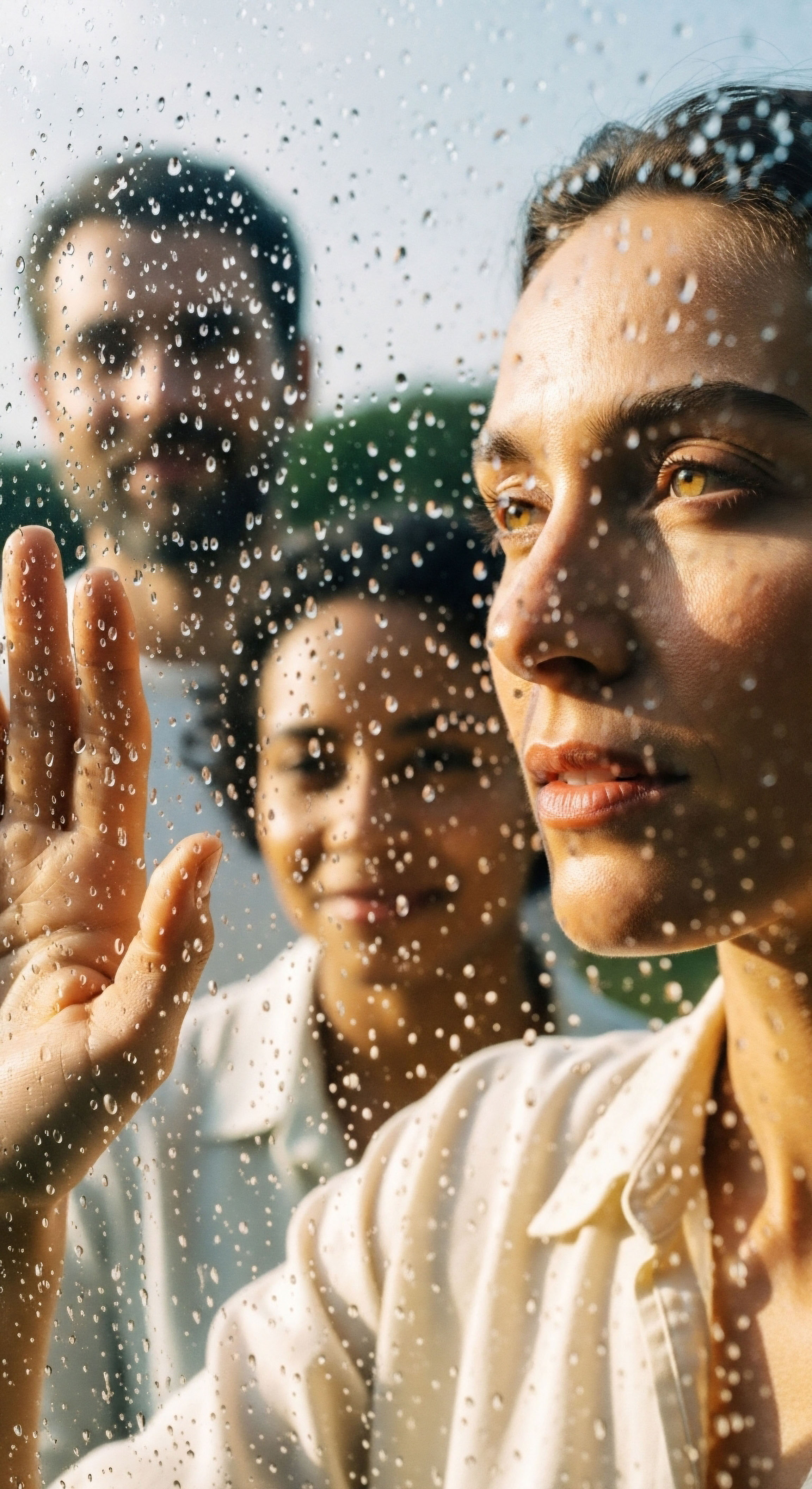 A woman's reflective gaze through rain-speckled glass shows a patient journey toward hormone optimization. Subtle background figures suggest clinical support