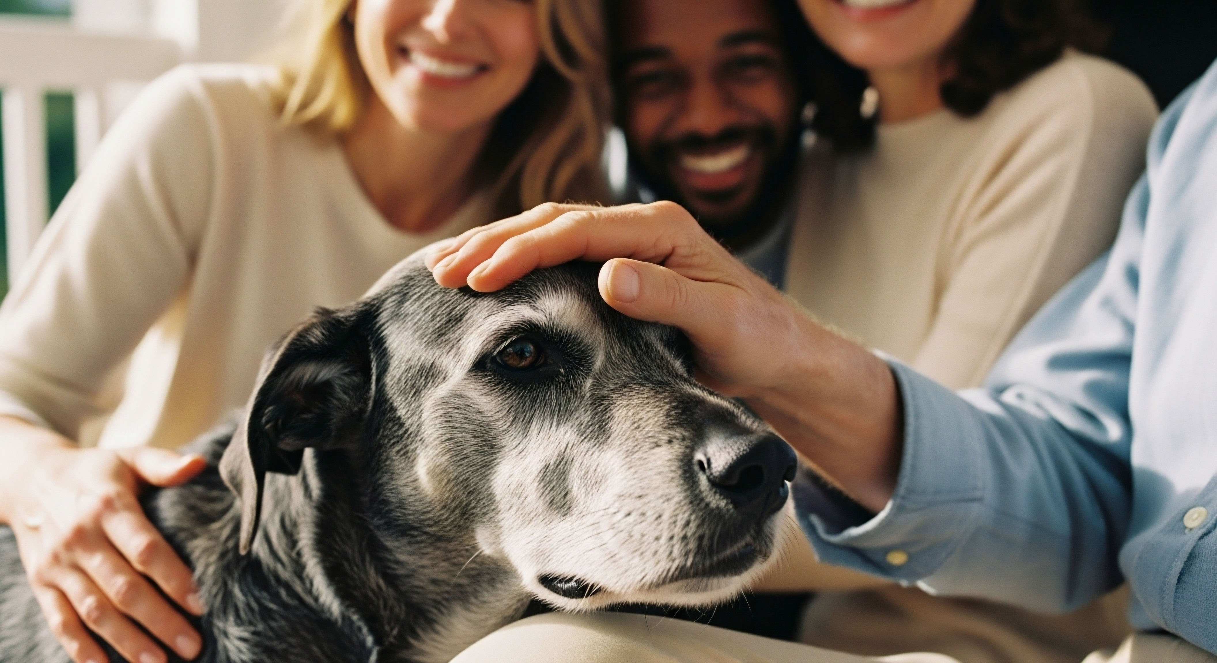 Gentle human touch on an aging dog, with blurred smiles, conveys patient comfort and compassionate clinical care. This promotes holistic wellness, hormone optimization, metabolic health, and cellular endocrine function