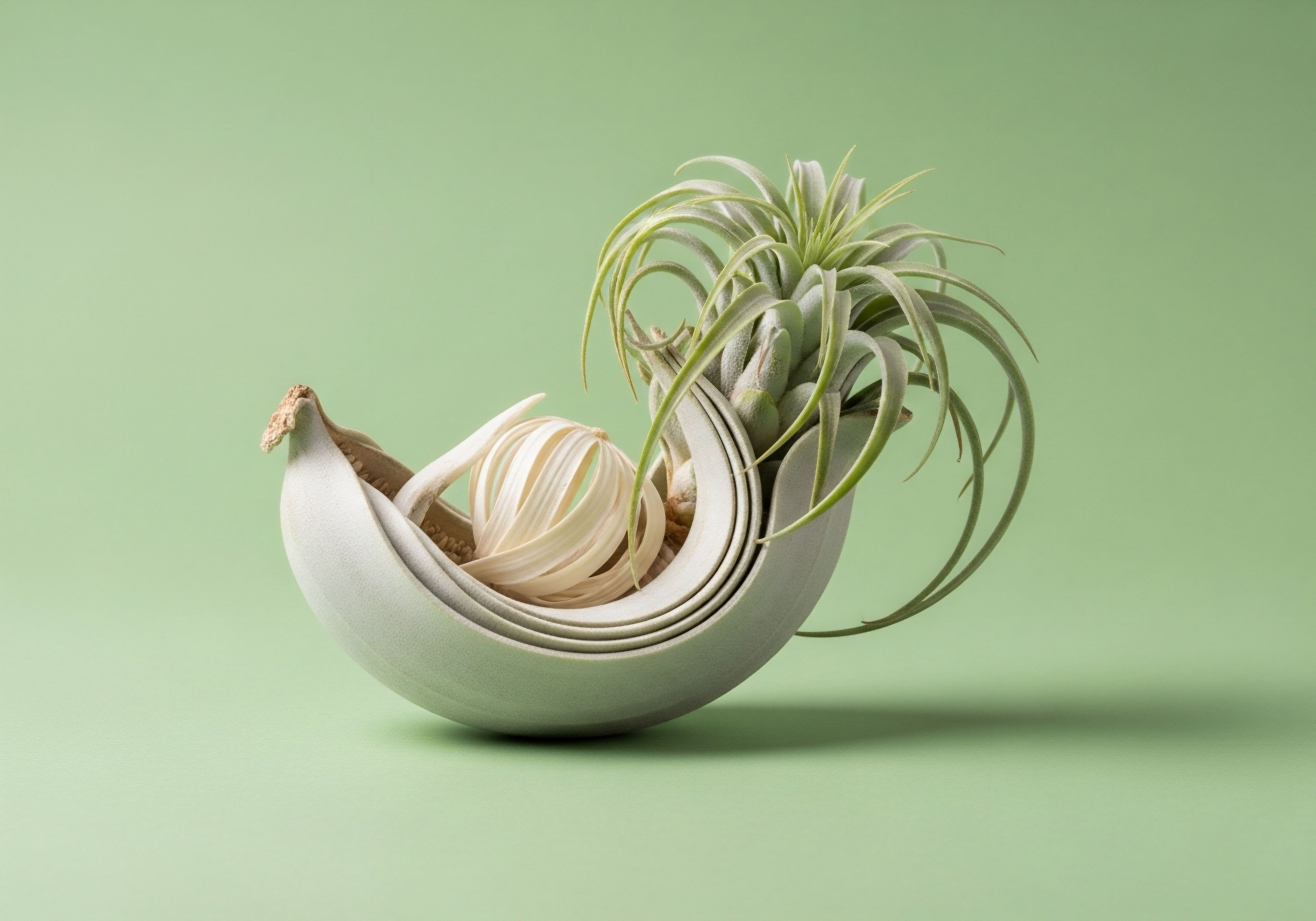 A light grey, crescent vessel cradles dried botanical elements. A vibrant air plant emerges, symbolizing endocrine revitalization via precision hormone therapy