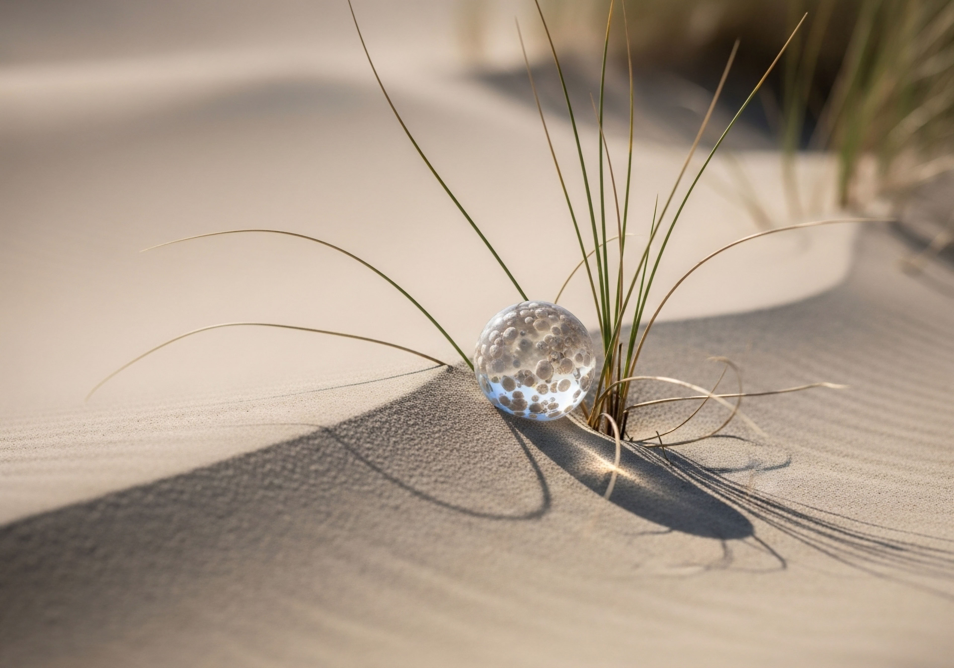 A clear, textured glass sphere rests on sunlit sand, anchored by dune grass, casting sharp shadows. This embodies precise dosing in bioidentical hormone therapy, fostering cellular health and endocrine homeostasis, signifying reclaimed vitality and sustained wellness through hormone optimization and the patient journey