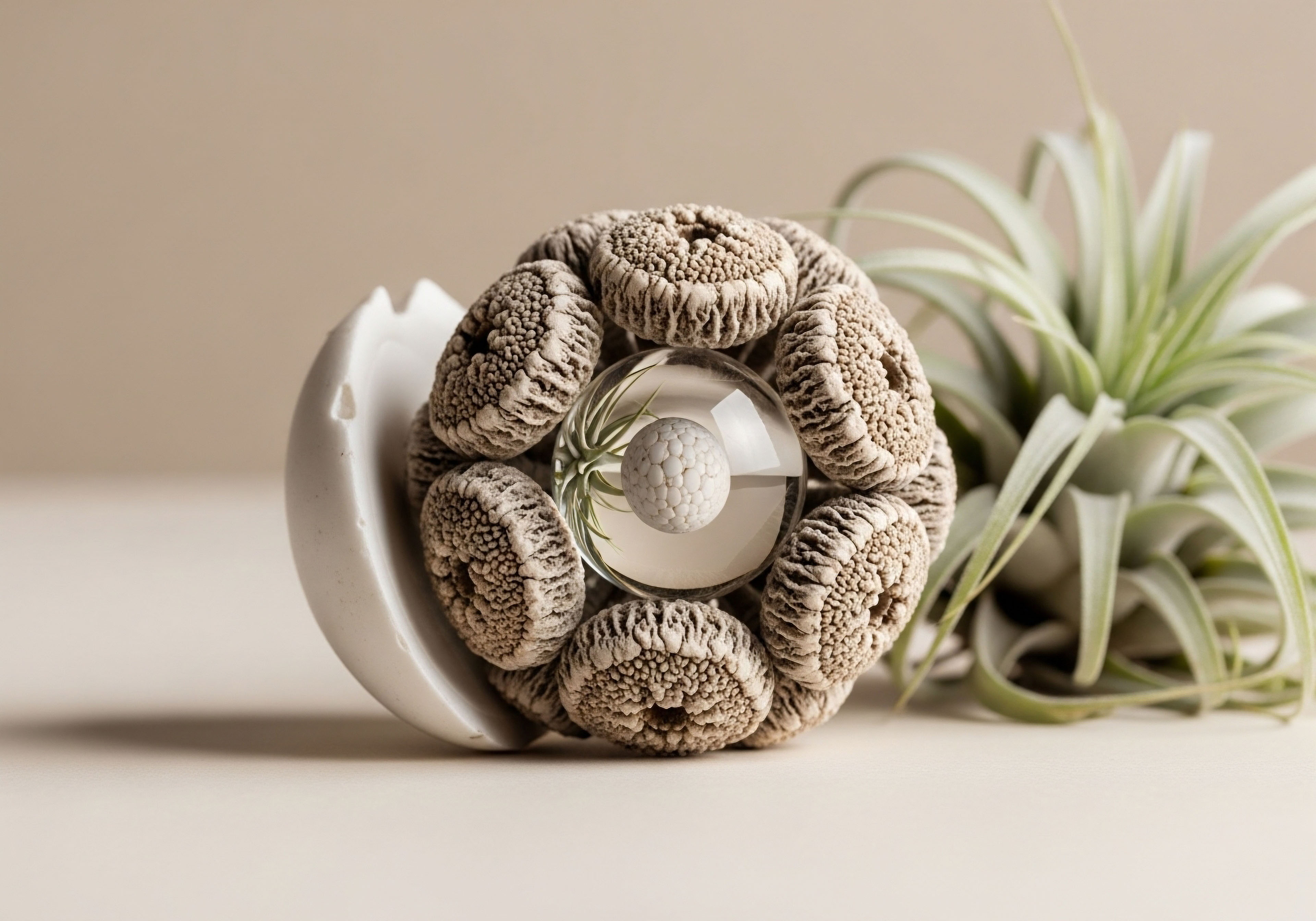 A meticulously arranged composition featuring a clear sphere encapsulating a textured white core, symbolizing precise hormone optimization and cellular health. This is surrounded by textured forms representing the complex endocrine system, while a broken white structure suggests hormonal imbalance and a vibrant air plant signifies reclaimed vitality post-Hormone Replacement Therapy HRT for metabolic health