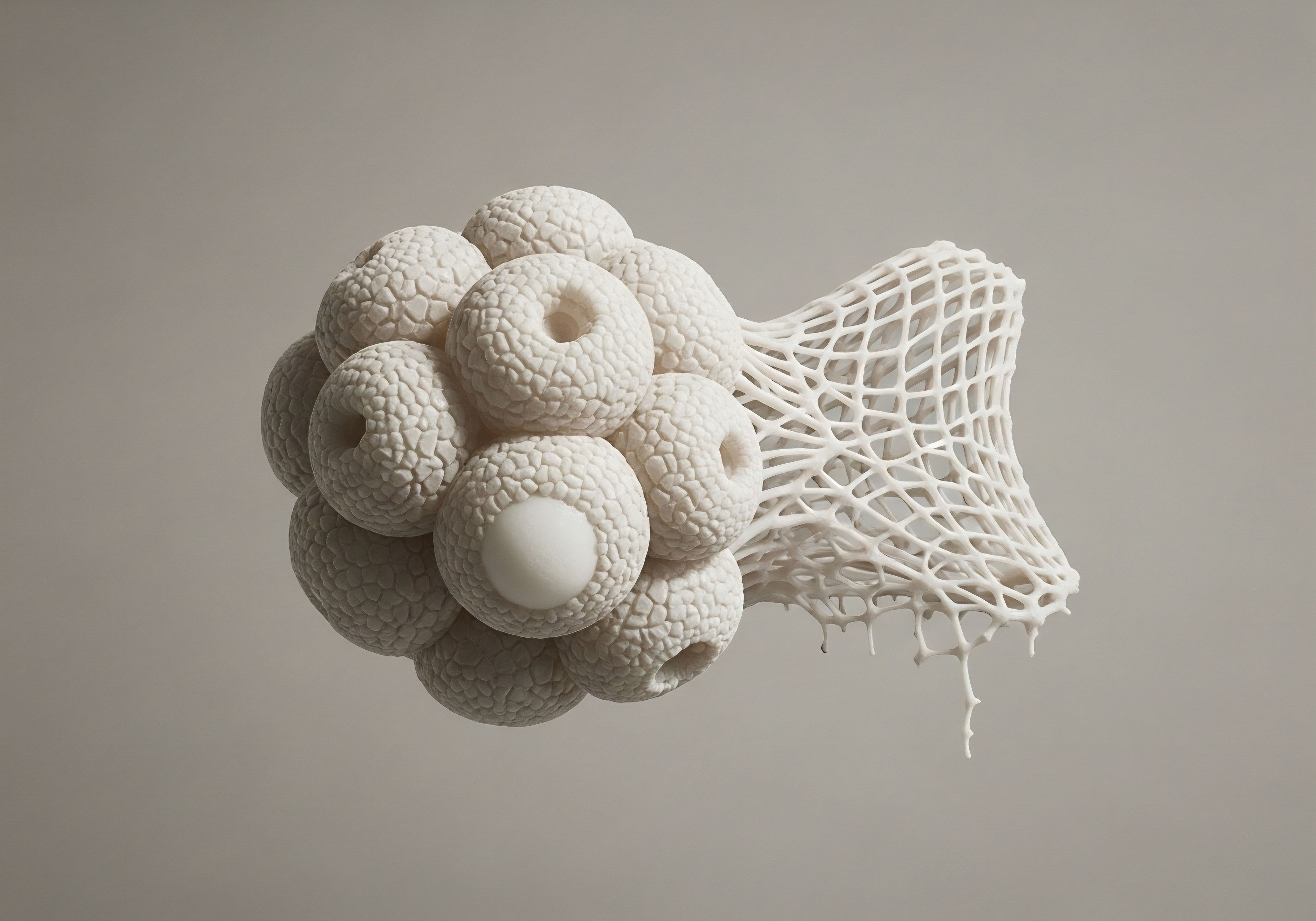 A white structure features textured spheres, some with smooth centers, clustered and transitioning into a delicate, porous lattice with subtle dripping elements. This embodies precision hormone replacement therapy, symbolizing endocrine system homeostasis, bioidentical hormone integration, and testosterone cypionate titration for cellular repair and hormone optimization