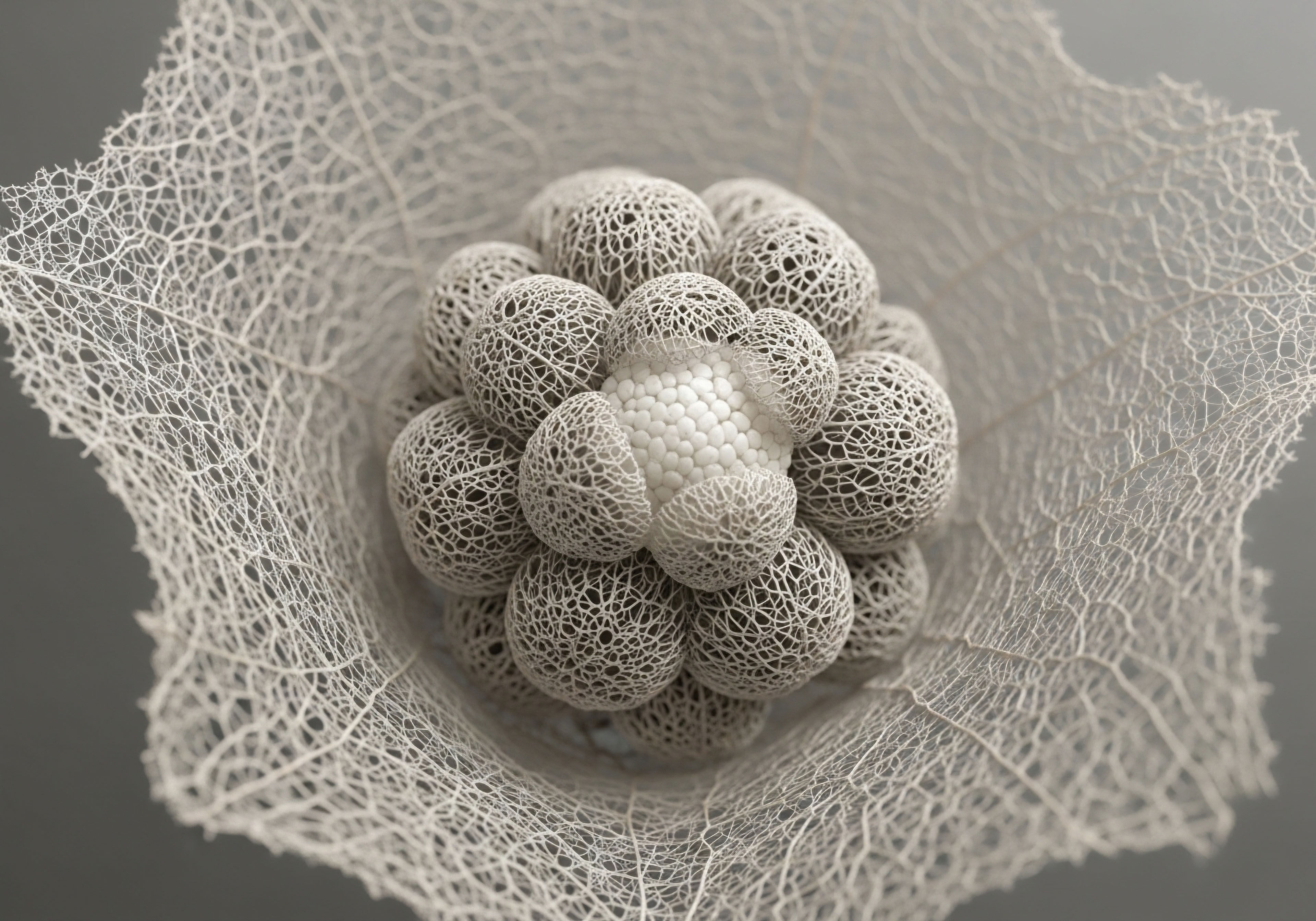 An intricate, lace-like cellular matrix cradles spheres. Porous outer spheres represent the endocrine system's complex pathways and hormonal imbalance