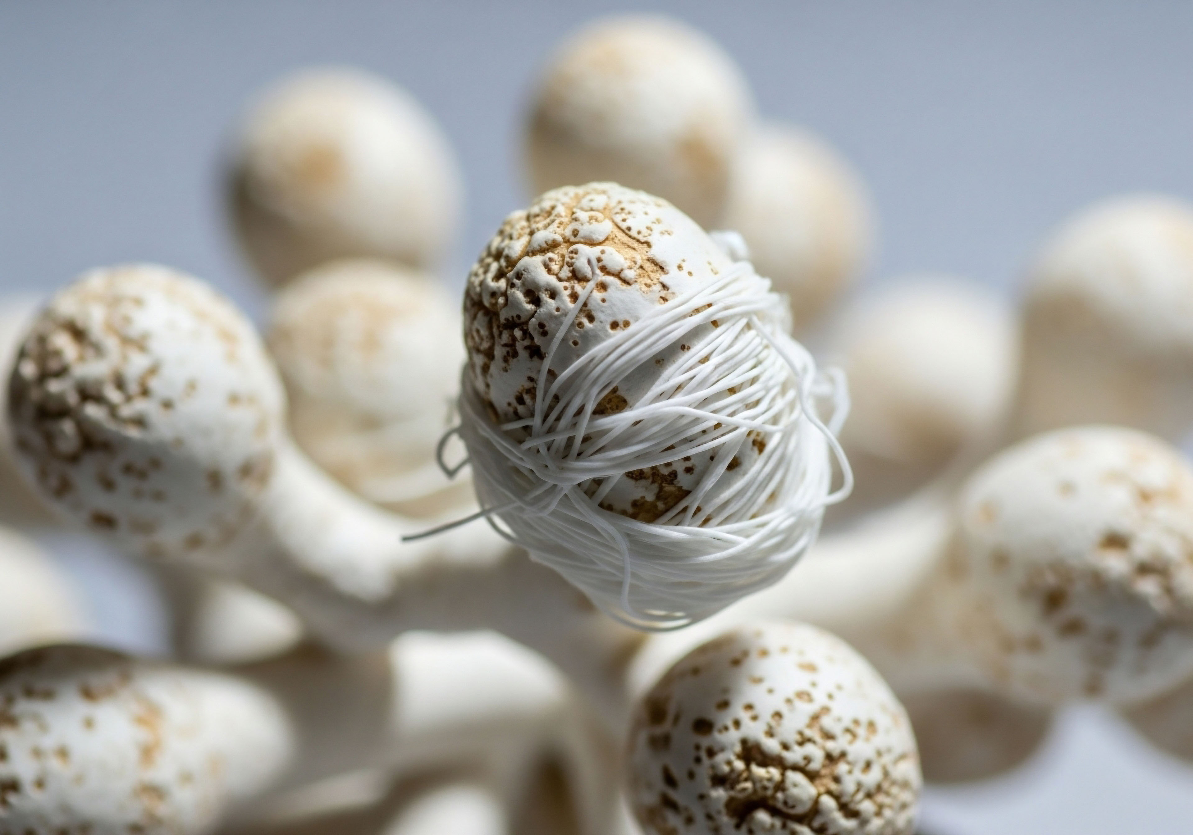 Macro view reveals textured, off-white spherical forms, emblematic of endocrine glands experiencing age-related decline or hormonal imbalance. A central form is intricately enveloped by fine white strands, symbolizing precision peptide bioregulation and targeted therapeutic intervention, meticulously restoring physiological homeostasis and optimizing metabolic health