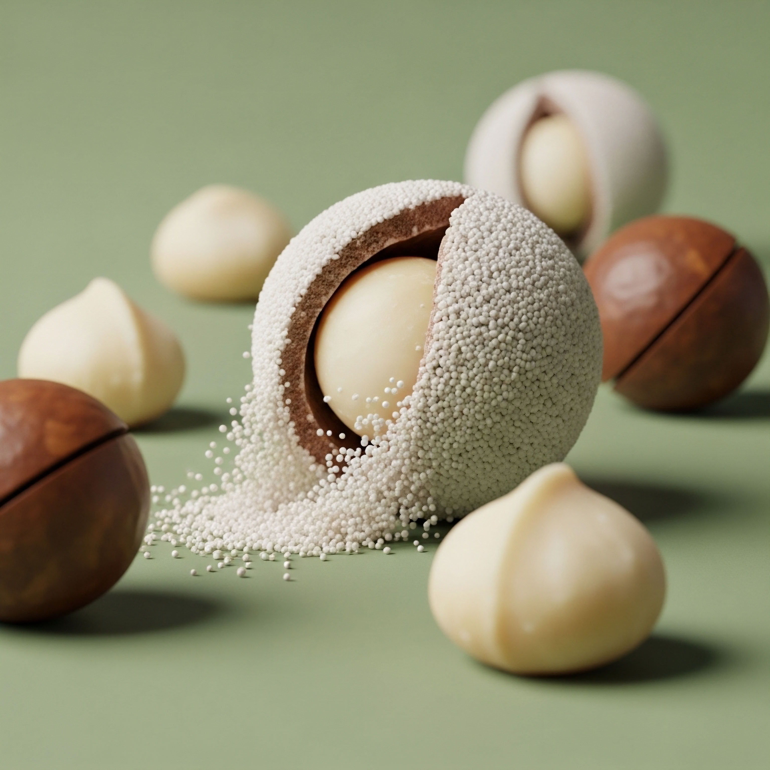 Spherical elements, one split open, reveal a light core and precise white beads. This symbolizes hormonal optimization and endocrine homeostasis through bioidentical hormones or peptide protocols